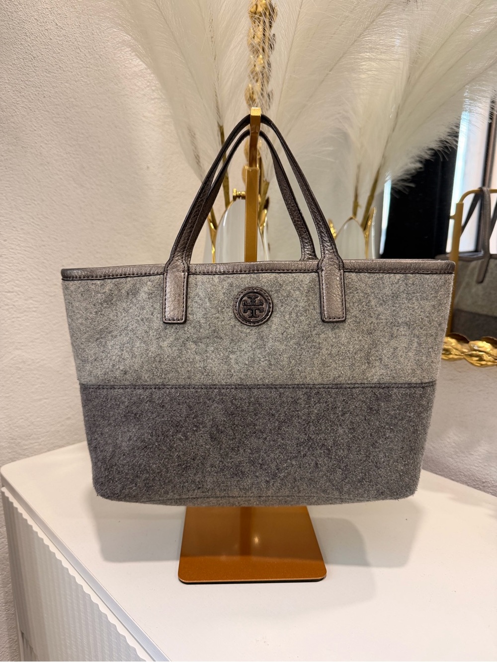 Tory Burch Two-Tone Gray Felt Tote with Leather Trim